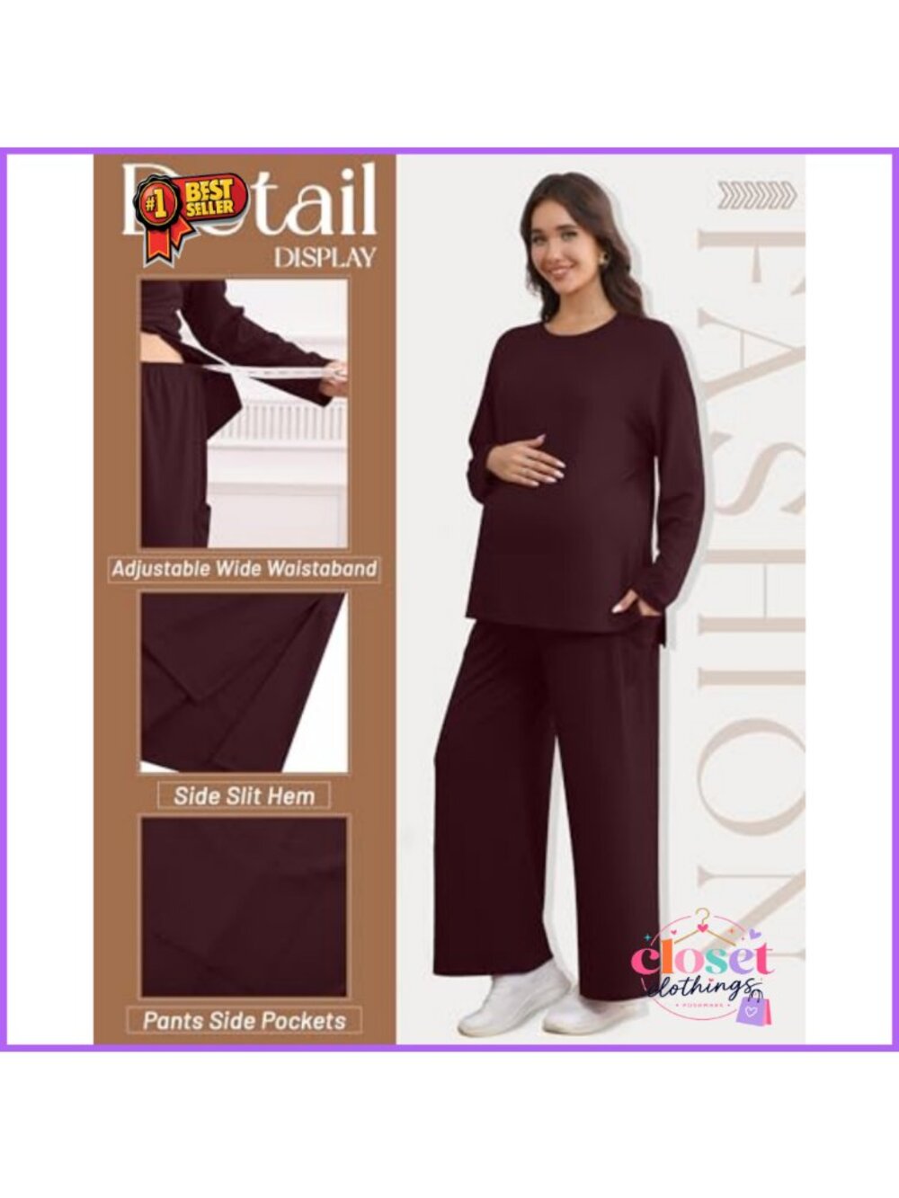 Maternity Lounge Set 2 Piece Long Sleeve Top Wide Leg Pants - Picture 2 of 6